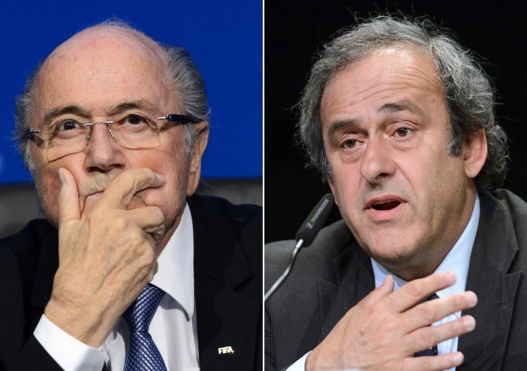 (FILES) This file combination of pictures taken on October 29, 2015 shows a picture of FIFA president Sepp Blatter (L) taken on July 20, 2015 in Zurich and a picture of UEFA President Michel Platini taken on May 28, 2015 in Zurich. Joseph Blatter, president of the Fifa since 1998 and Michel Platini, president of the UEFA since 2007, were banned by FIFA for eight years on December 21, 2015. / AFP / FABRICE COFFRINI