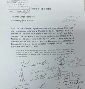 Aprobada por unanimidad moción para que presidente interceda ante Canadá por caso de niño con Síndrome Down