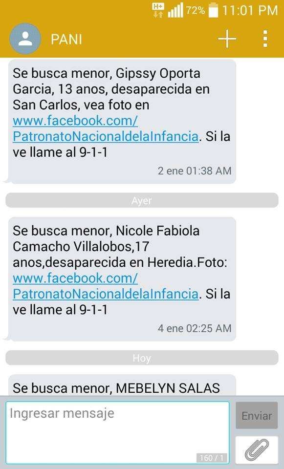 PANI no enviará más SMS ni publicará fotos de menores desaparecidos