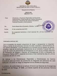 MEP: Canceladas las lecciones en todo el país por tormenta Otto