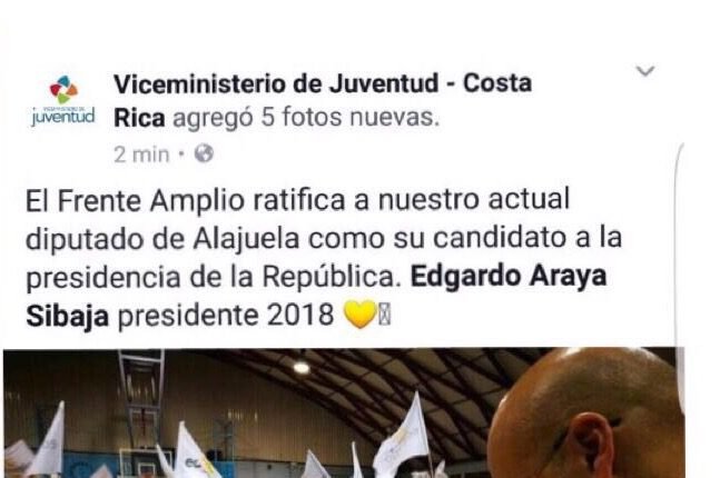 Desde Facebook del Viceministerio de Juventud celebran candidatura de Edgardo Araya