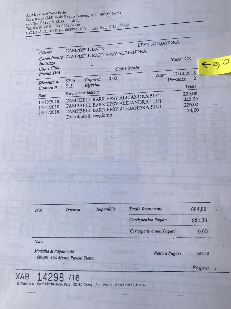 Factura Muestra Posible Pago De Hospedaje En Italia Al Acompanante De Epsy Campbell