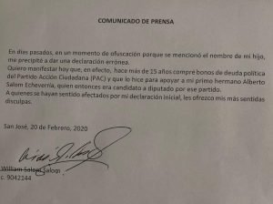 William Salom recobra la memoria y asegura que compró bonos del PAC que salieron a nombre de su hijo
