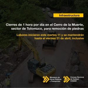 MOPT recuerda que habrá cierres de 1 hora por día en el Cerro de la Muerte por remoción de piedras 