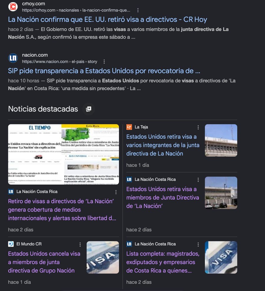 En Teletica.com no se reportan notas sobre lo sucedido con las visas de los directivos de La Nación. 