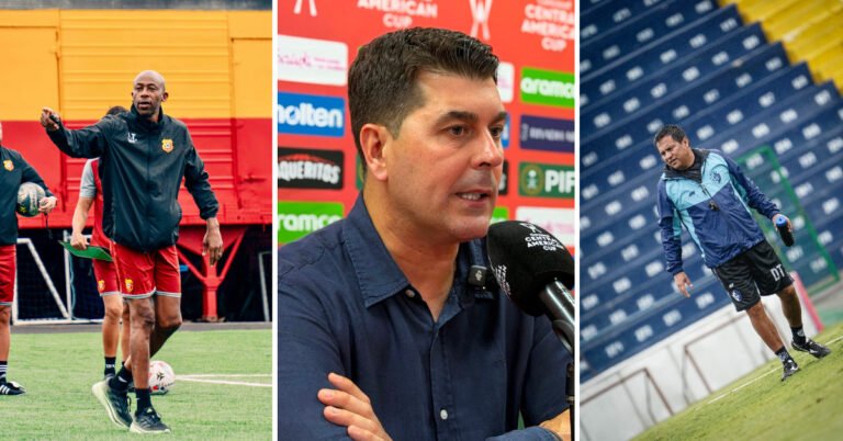 Paulo Wanchope, técnico de Herediano; Ismael Rescalvo, técnico de Alajuelense; y Amarini Villatoro, técnico de Cartaginés.
